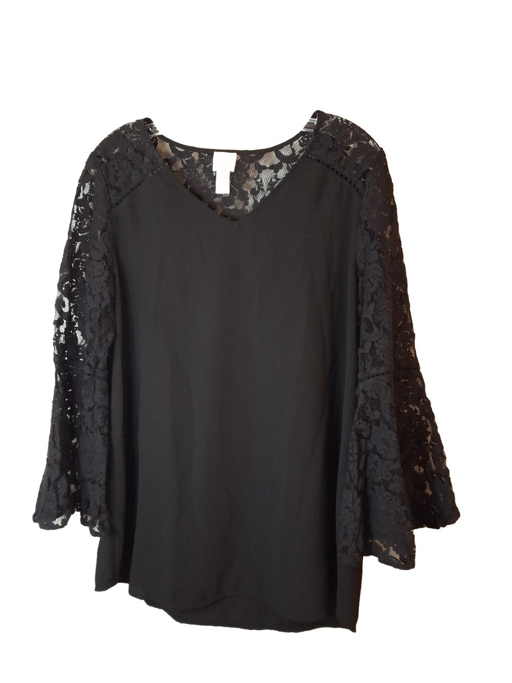 Chico's Black Lace Bell Sleeve Blouse V Neck Romatic Tunic Size Medium 8 - Picture 2 of 6